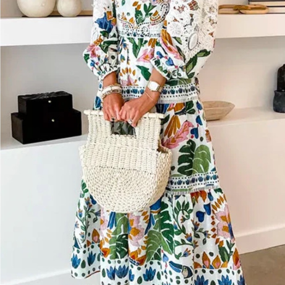 Floral White and Green Maxi Dress